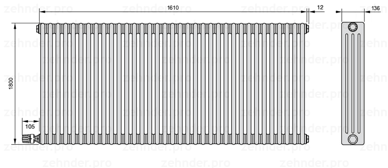 Схема (чертеж) Радиатор Zehnder Charleston 4180/35 №V003 Белый глянцевый RAL 9016